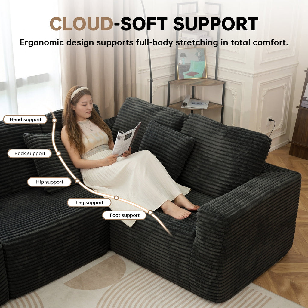  138.5" Sectional U Shaped Couch,Black Sectional Cloud Boneless Sofa For Living Room,Plush Corduroy Couches With Deep Seat Chaise Lounge,No Assembly Required