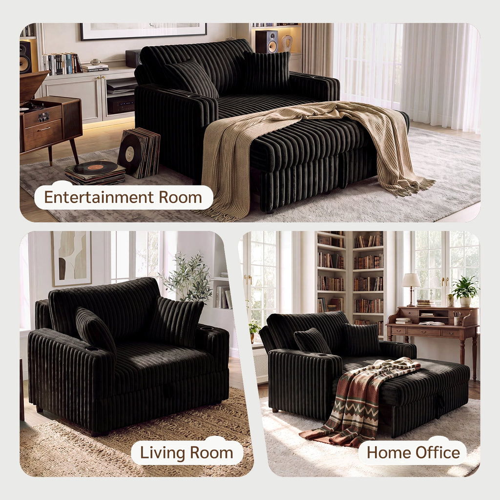 Marrber Black 52? 3-in-1 Convertible Pull-Out Sofa Bed Sleeper Loveseat with Reclining Backrest, Built-in Cup Holders, Pet-Friendly Corduroy Sofa for Small Space
