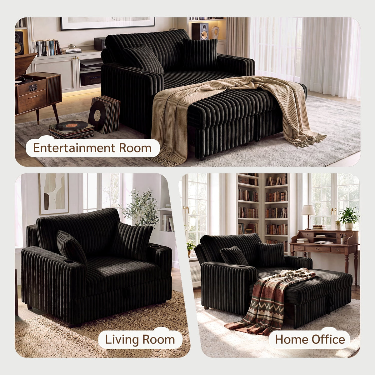 Marrber Black 52? 3-in-1 Convertible Pull-Out Sofa Bed Sleeper Loveseat with Reclining Backrest, Built-in Cup Holders, Pet-Friendly Corduroy Sofa for Small Space