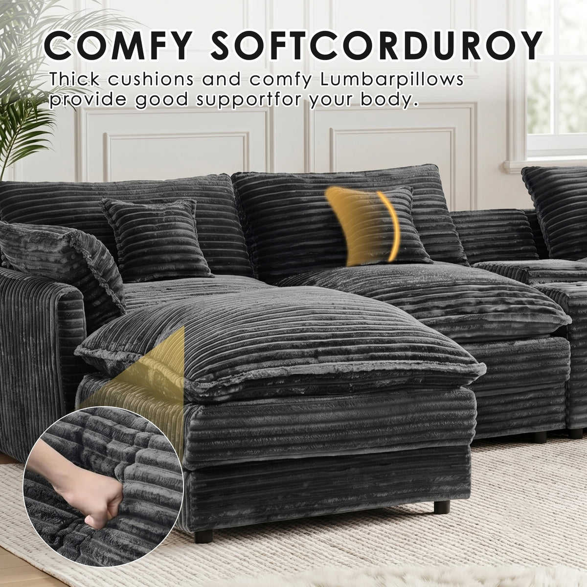 ANPPORT 145" U Shaped Cloud Modular Sectional Sofa, Corduroy Deep Seat Couch with Storage Console, USB Ports & Cup Holders for Living Room, Gray