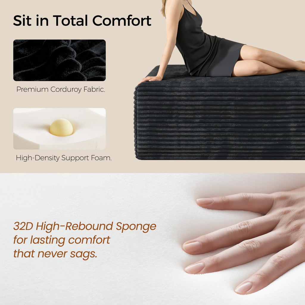 104 Modular L-Shaped Sectional Sofa with Chaise - No Assembly Required Boneless Corduroy Couch, High Resilience Foam, Deep Black