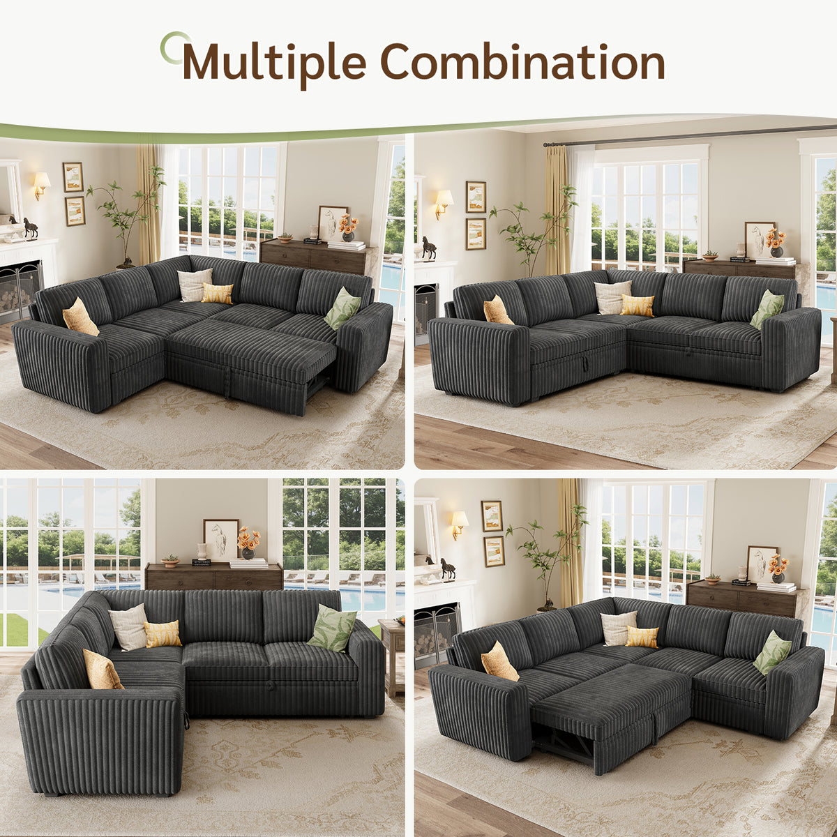 Marrber 106? Oversized Modern Plush Corduroy U-Shaped Modular 7-Seater Pull-Out Sectional Sleeper Sofa Bed with Hidden Storage for Living Room and Apartment, Easy Assembly, Dark Gray