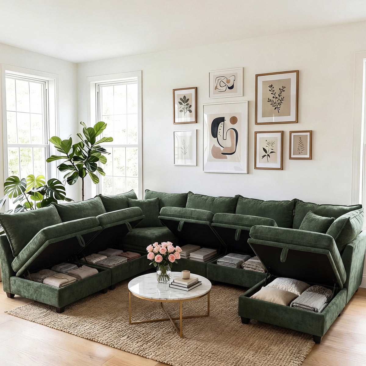Advwin 7-Seater Oversized Modular Sectional Sofa with Ottoman & Storage Under Each Seat, Chenille Convertible Comfy Couch Sleeper with Extra Wide & Deep Seat for Living Room, Dark Green