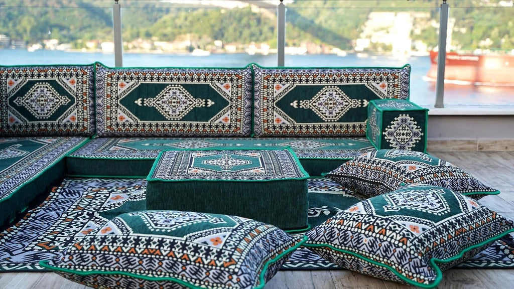 Green Sleeper Couch, L Shaped Sofa, Turkish Sofa Set, Diwan Sofa, Arabic Majlis, Floor Sofa Couch, Meditation Floor Cushions