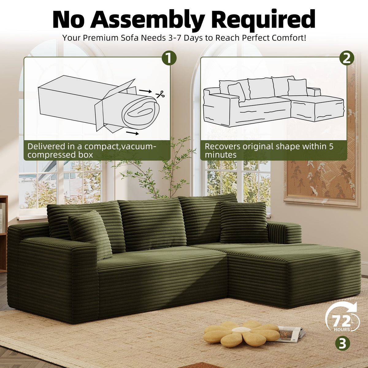 AENKYO 96" Cloud Modular Sectional Sofa with L-Shape Chaise, Deep Seat Corduroy Upholstered Couch, No Assembly Required, Green