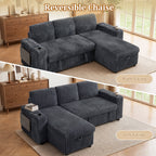 85" Modular Sectional Sleeper Sofa with Pull Out Bed, 3 Seat Plush L Shaped Couch with Storage Chaise|USB Ports|Cup Holders|Side Table|Storage Armrests, Tool Free Assembly, Corduroy Fabric Dark Gray