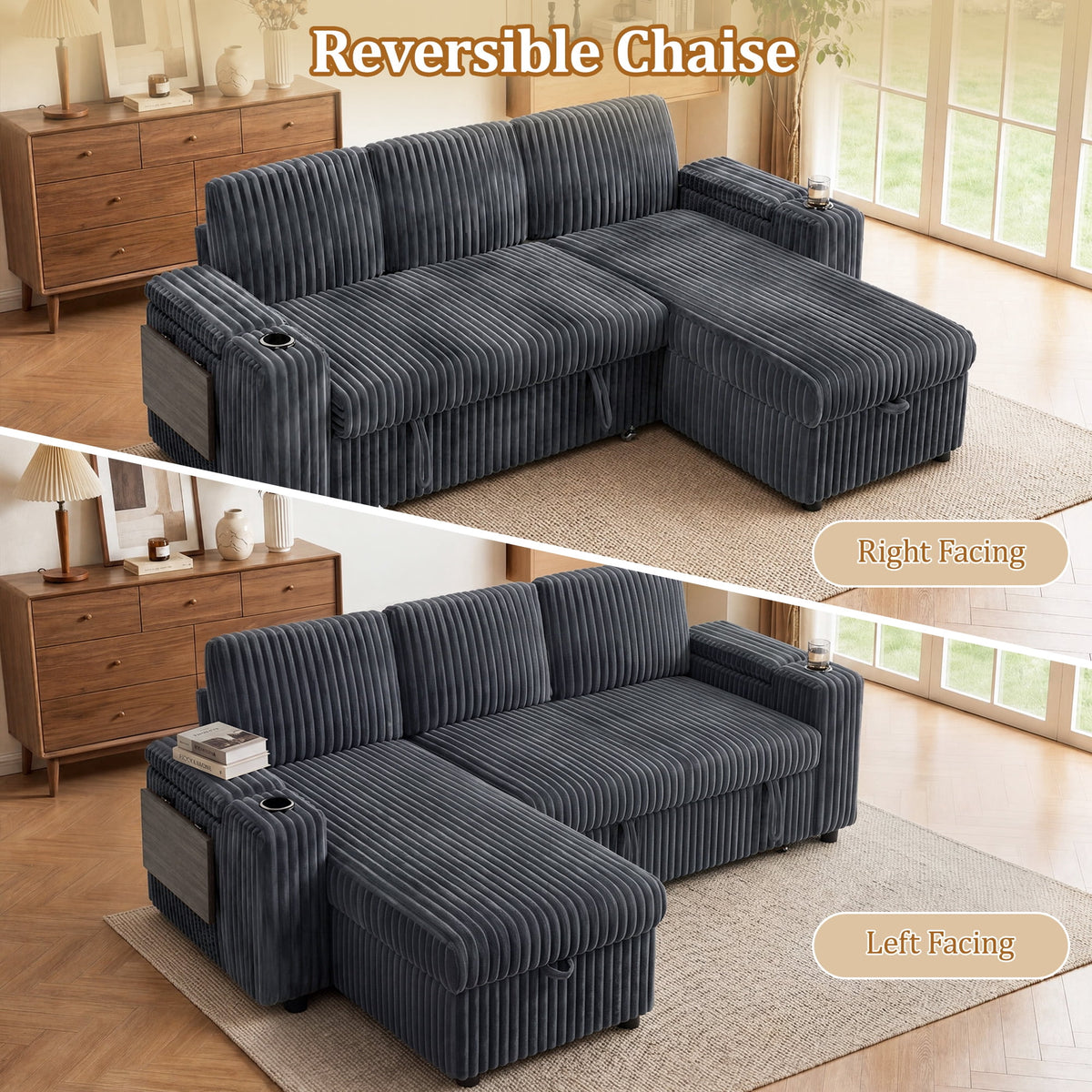 85" Modular Sectional Sleeper Sofa with Pull Out Bed, 3 Seat Plush L Shaped Couch with Storage Chaise|USB Ports|Cup Holders|Side Table|Storage Armrests, Tool Free Assembly, Corduroy Fabric Dark Gray