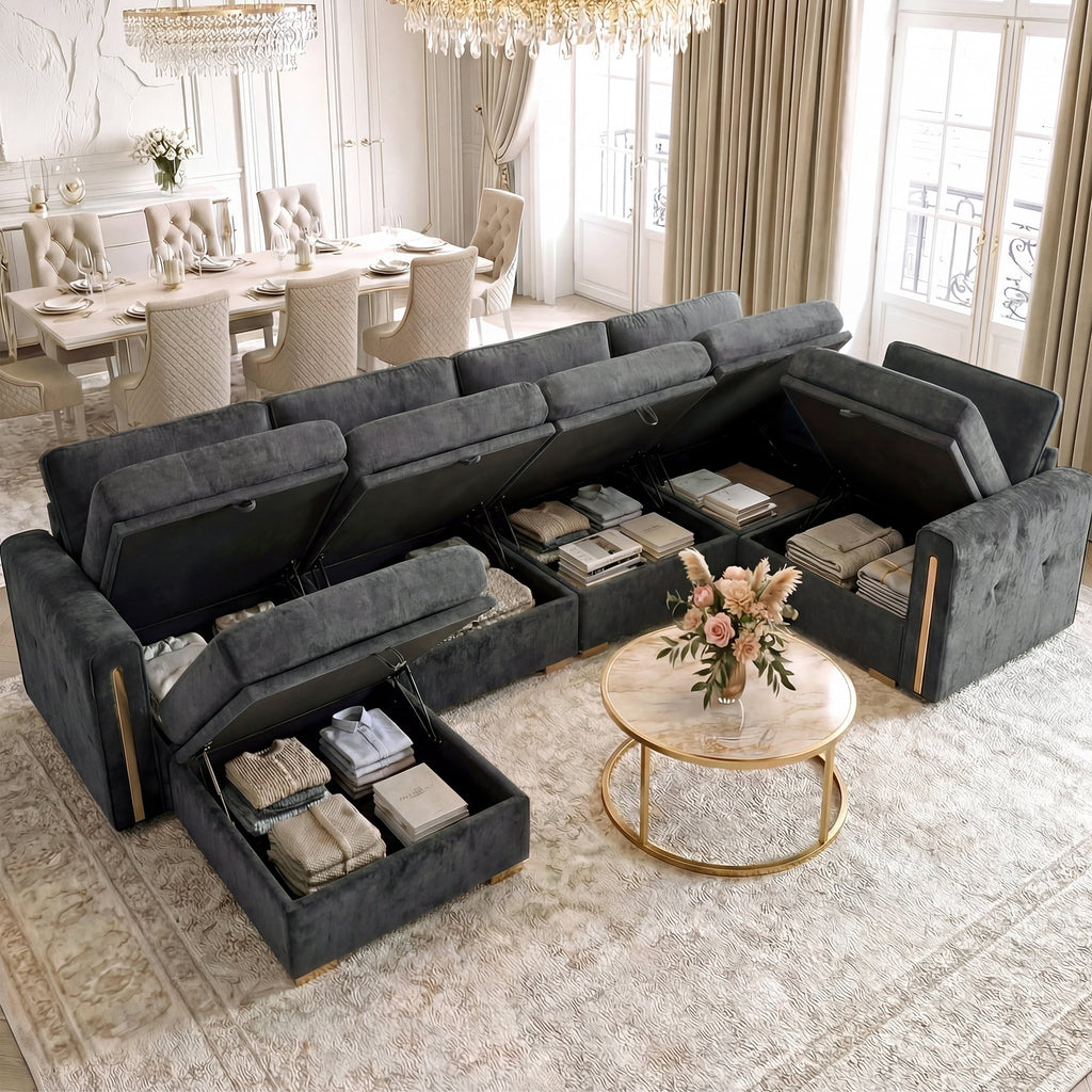 Advwin 126" U-Shaped Oversized Modular Sectional Sofa with Ottoman, Storage Under Each Seat & Gold Metal Accents, 5-Seater Modern Luxury Chenille Convertible Cloud Couch for Living Room, Dark Gray