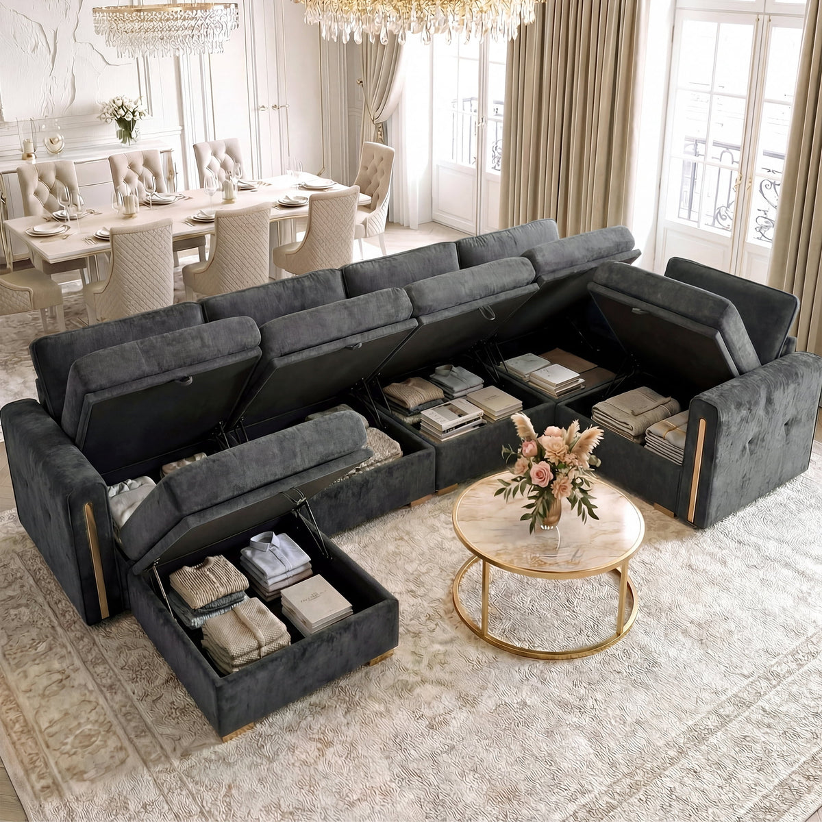 Advwin 126" U-Shaped Oversized Modular Sectional Sofa with Ottoman, Storage Under Each Seat & Gold Metal Accents, 5-Seater Modern Luxury Chenille Convertible Cloud Couch for Living Room, Dark Gray
