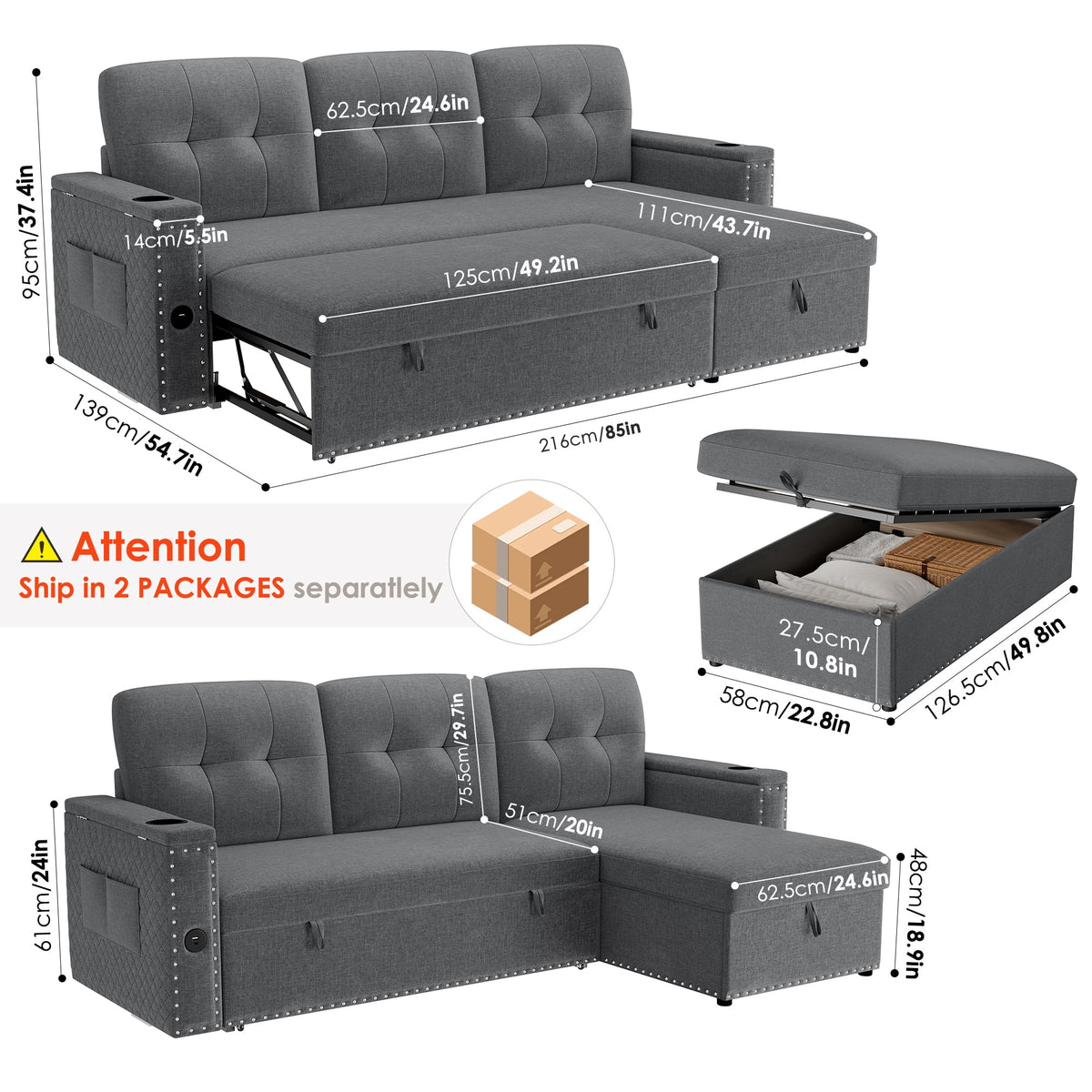 Homfa Gray Sofa Bed with Storage & USB Charging Port, L Shaped Sofa Bed Couches with Storage & Pull out Bed for Living Room