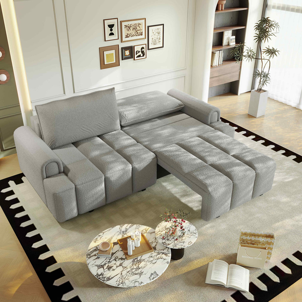 FFH 90.2" Pull Out Sofa Bed with Storage, 3-in-1 Convertible Sleeper Sofa King Size, Modern 4-Seater Teddy Couch for Living Room, Gray