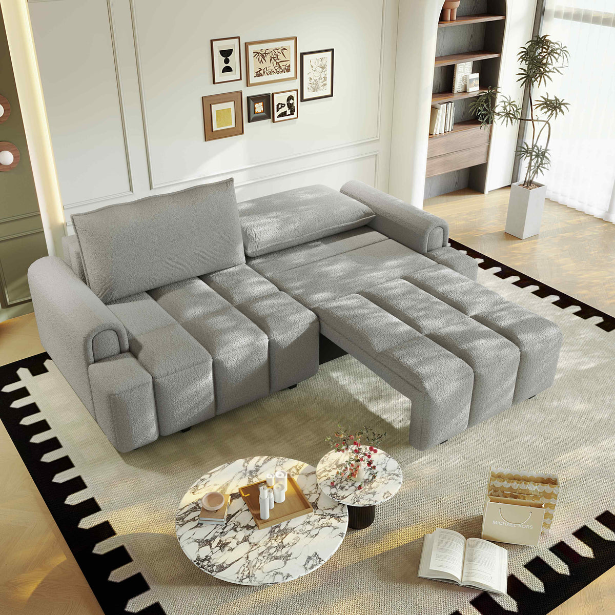 FFH 90.2" Pull Out Sofa Bed with Storage, 3-in-1 Convertible Sleeper Sofa King Size, Modern 4-Seater Teddy Couch for Living Room, Gray