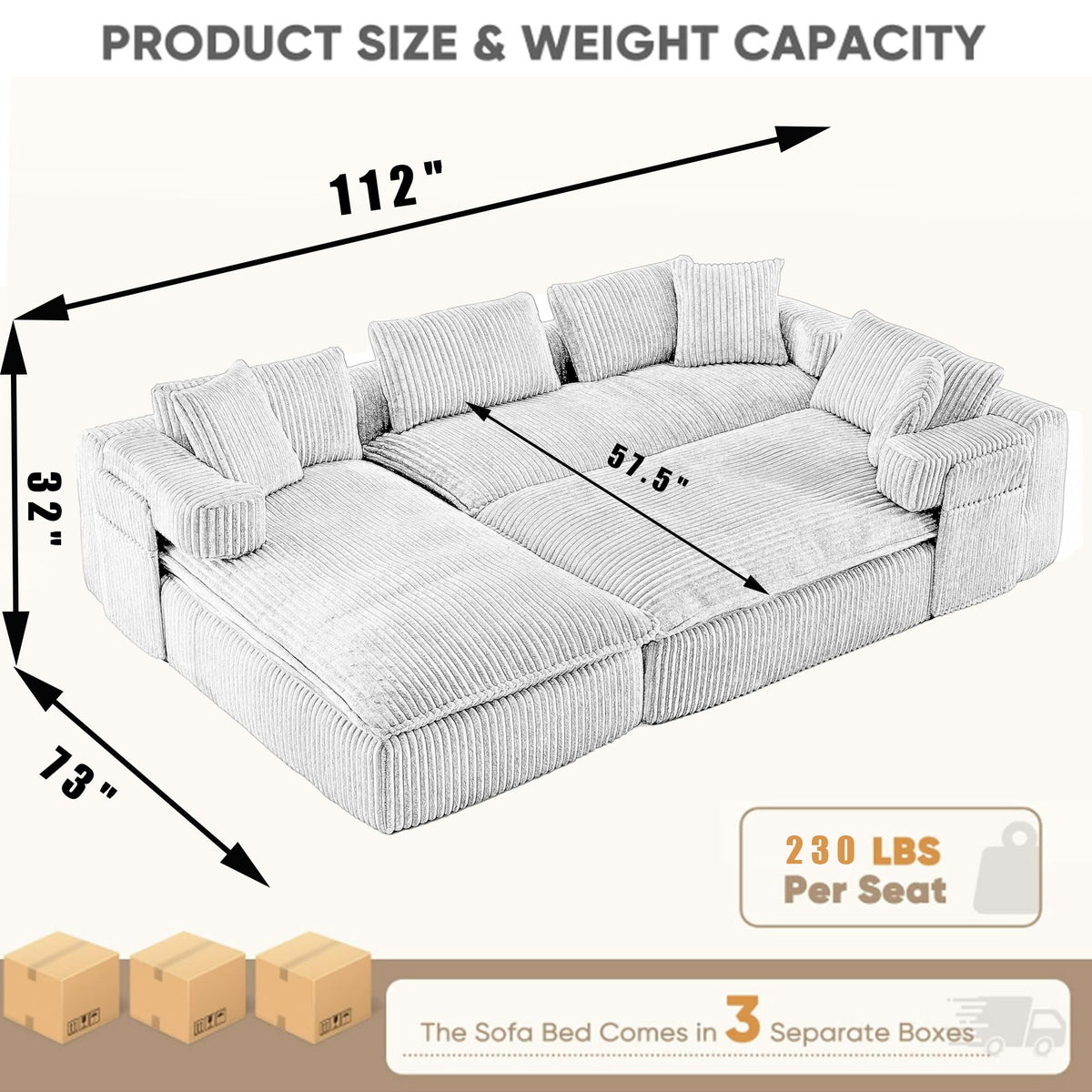  Sectional Sofa, Oversized Sectional Couch Convertible Sofa Bed, 6 Seat Corduroy Sofa Couch with Side Pocket for Living Room, No Assembly Orange