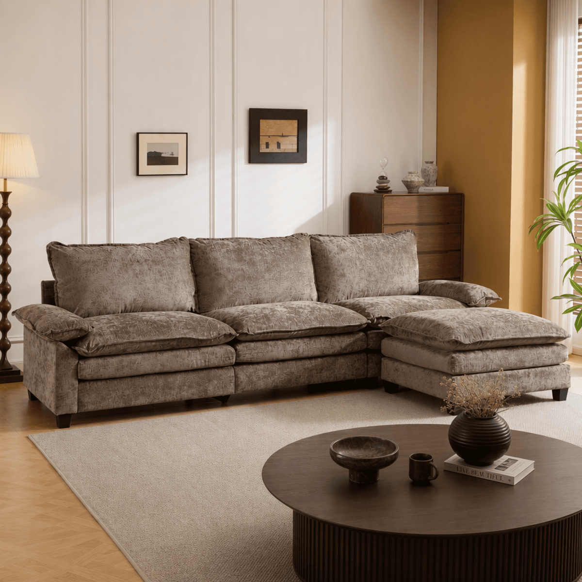 SOLIA 122" 3-Seat L-Shaped Cloud Modular Sectional Couch Chenille with Chaise Lounge