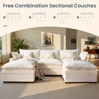 XIZZI 107.9" Modular Sectional Sofa with Double Ottomans, Deep Seat Cloud Couch with Chenille Fabric, Dual Thick Cushions and Solid Wood Frame for Living Room-Beige