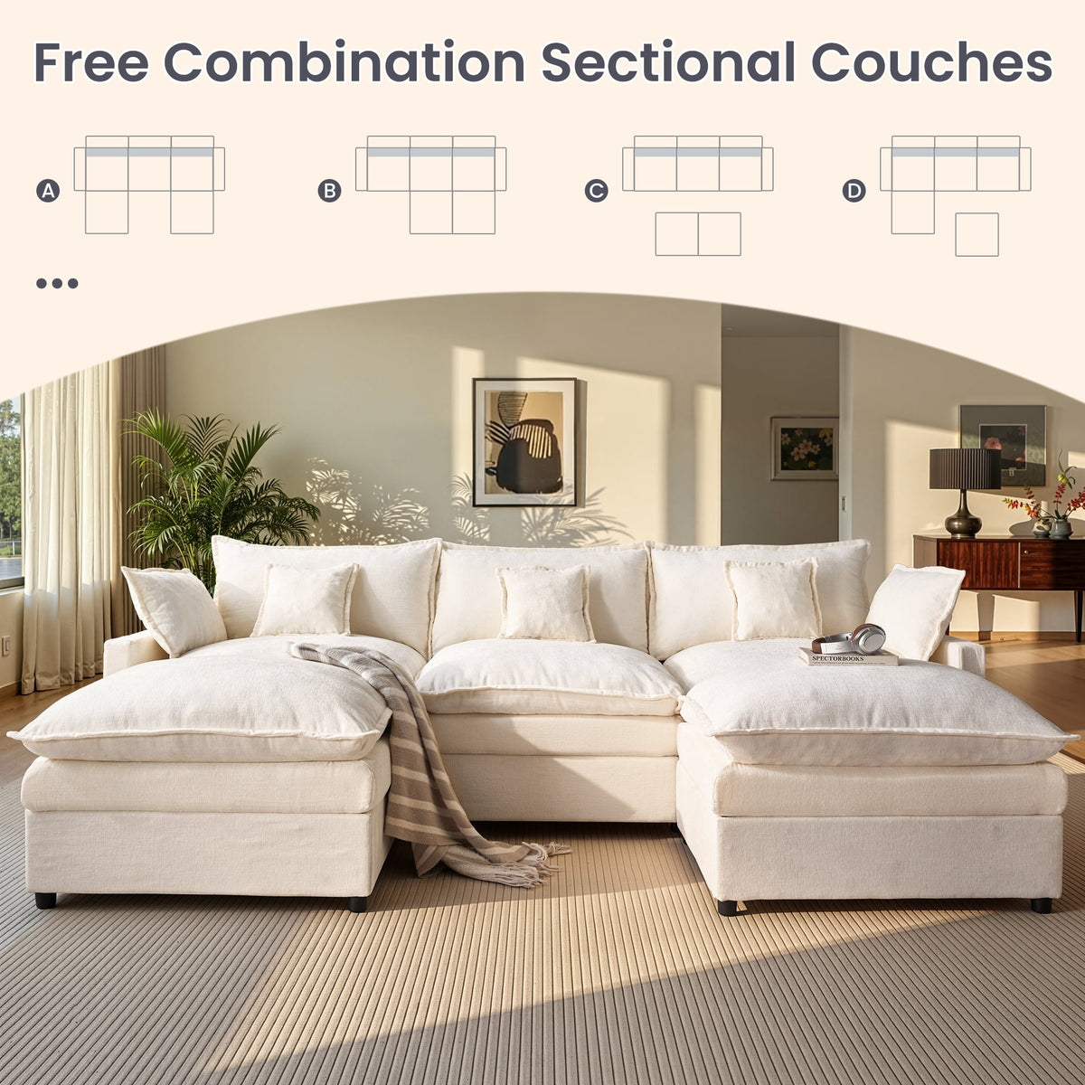 XIZZI 107.9" Modular Sectional Sofa with Double Ottomans, Deep Seat Cloud Couch with Chenille Fabric, Dual Thick Cushions and Solid Wood Frame for Living Room-Beige