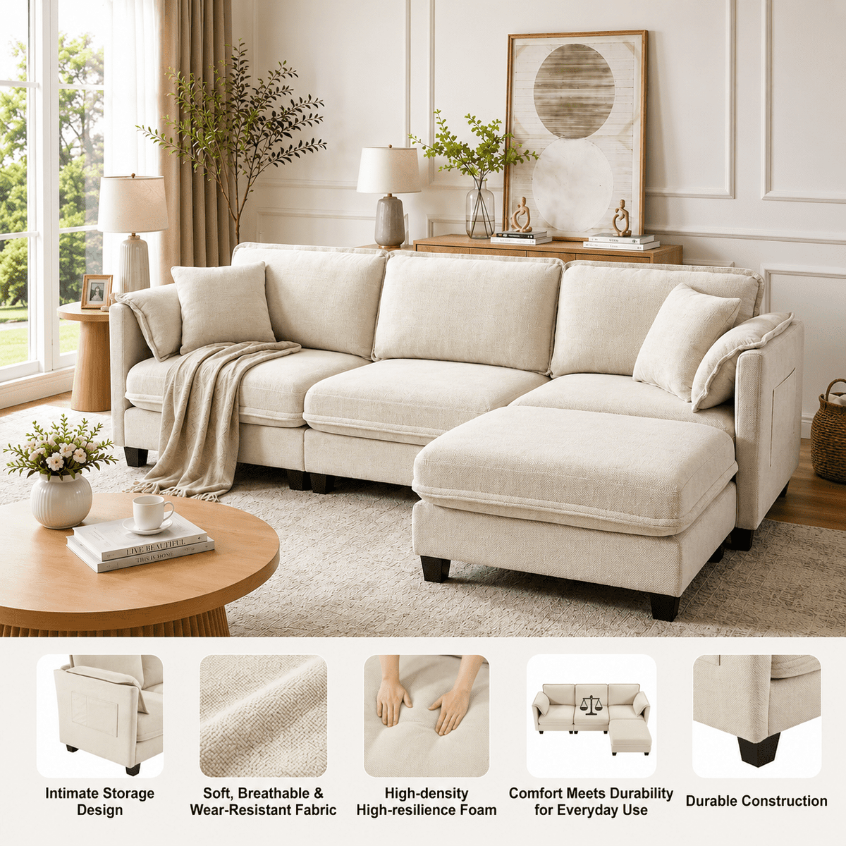  97-inch L-shaped Sofa, Upholstered Deep Seat Sofa with Cotton-Linen Brushed Fabric, Ottoman & Side pocket, 3-Seater Sofa for Living Room, Beige