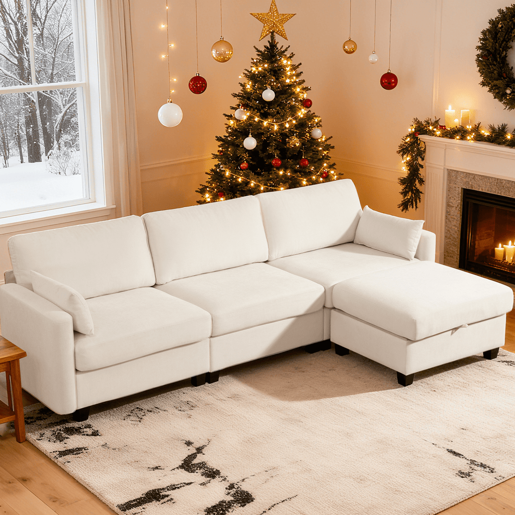 109" Modular L-Shaped Sectional Sofa, Convertible 4-Seat Sleeper Couch with Storage Ottoman, Movable Ottomans, Oversized Deep Seat for Living Room Apartment