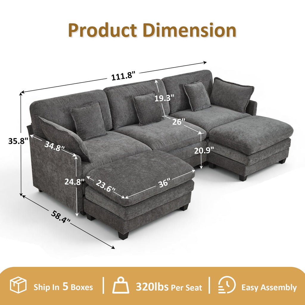 MCombo 111.8'' U-Shaped Modular Sectional Sofa Couch with Chaise Ottomans for Living Room, FSC Certified, Dark Grey
