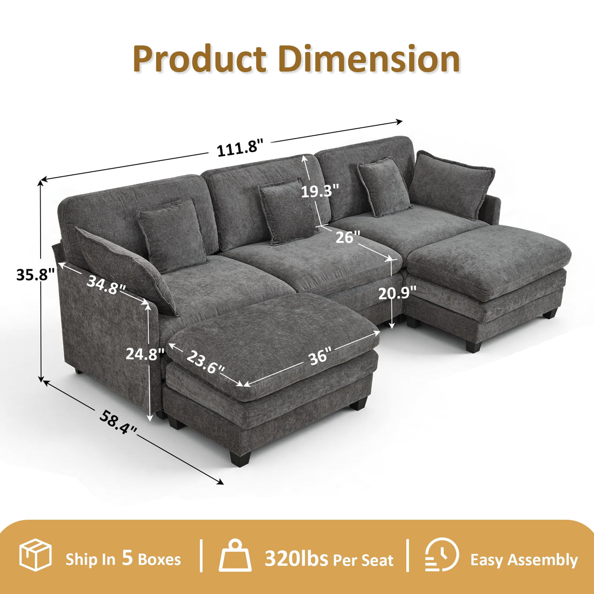 MCombo 111.8'' U-Shaped Modular Sectional Sofa Couch with Chaise Ottomans for Living Room, FSC Certified, Dark Grey