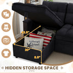 Muumblus Convertible Sofa Bed, Sectional Sleeper Sofa with Storage Chaise, L-Shaped Couch for Living Room, Black Chenille