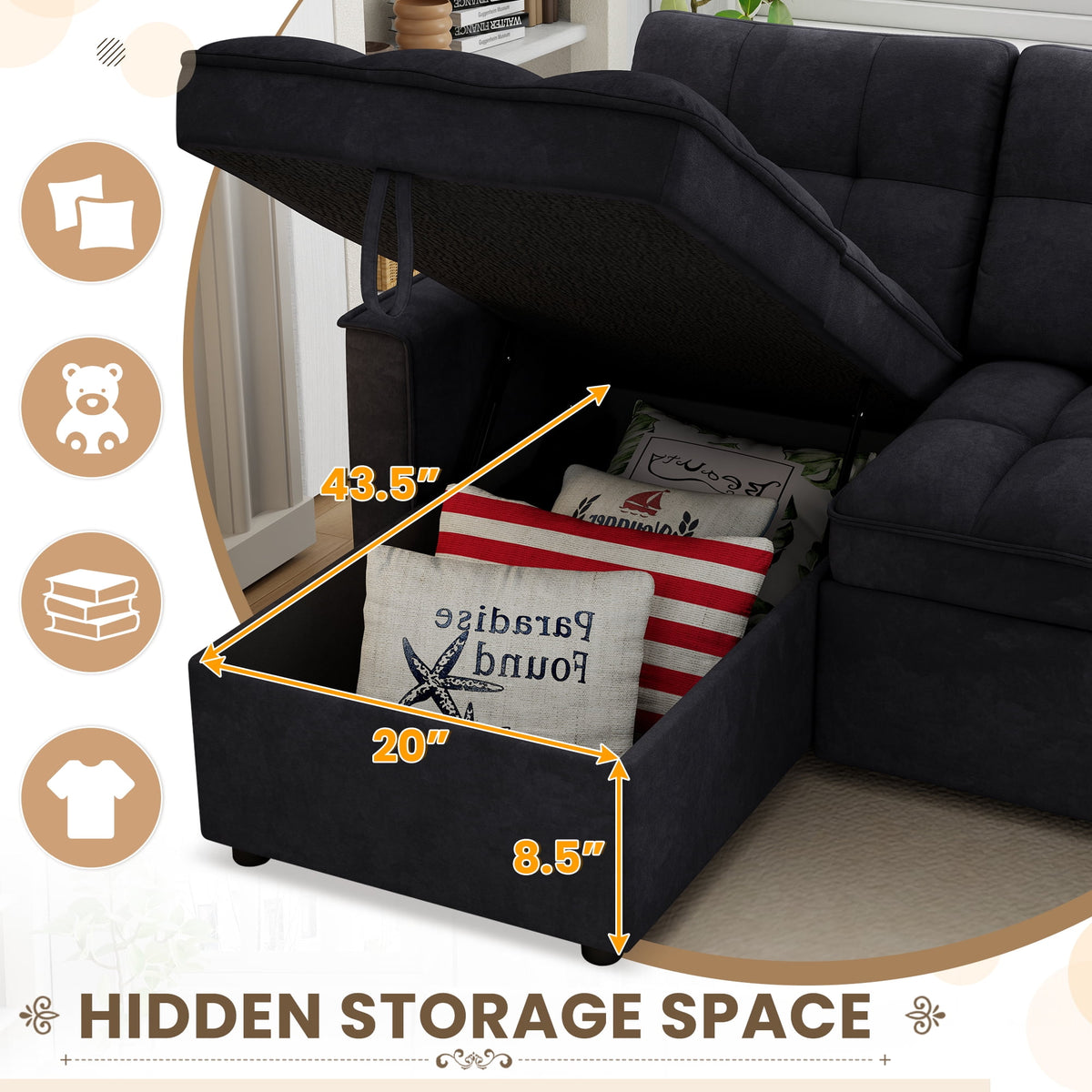Muumblus Convertible Sofa Bed, Sectional Sleeper Sofa with Storage Chaise, L-Shaped Couch for Living Room, Black Chenille