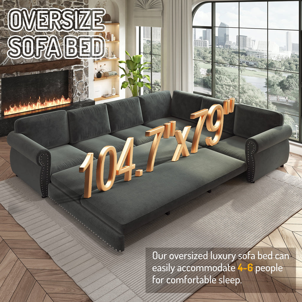  Sectional Sofa, Pull Out Sofa Bed King Size, 6 Seat Chenille Sofa Couch Convertible Sleeper Sofa Bed for Living Room Dark Gray