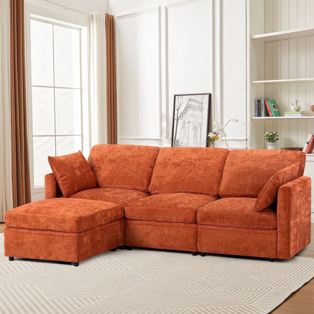 ACMEASE 84? Chenille 3 Seats Sofa W/Movable Ottoman, Modern Fabric L-Shaped Couch with Soft Backrest, Upholstered Sectional Sofa with Armrest Pillows for Living Room, Office,Orange