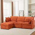 ACMEASE 84? Chenille 3 Seats Sofa W/Movable Ottoman, Modern Fabric L-Shaped Couch with Soft Backrest, Upholstered Sectional Sofa with Armrest Pillows for Living Room, Office,Orange