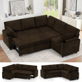 ACMEASE 85" Chenille Reversible Sectional Sofa w/Pull Out Bed, Upholstery L-Shaped Couch w/Storage Armrests & Cup Holders, Modern Corner Sofa w/USB Charging Port & Throw Pillow for Living Room, Brown