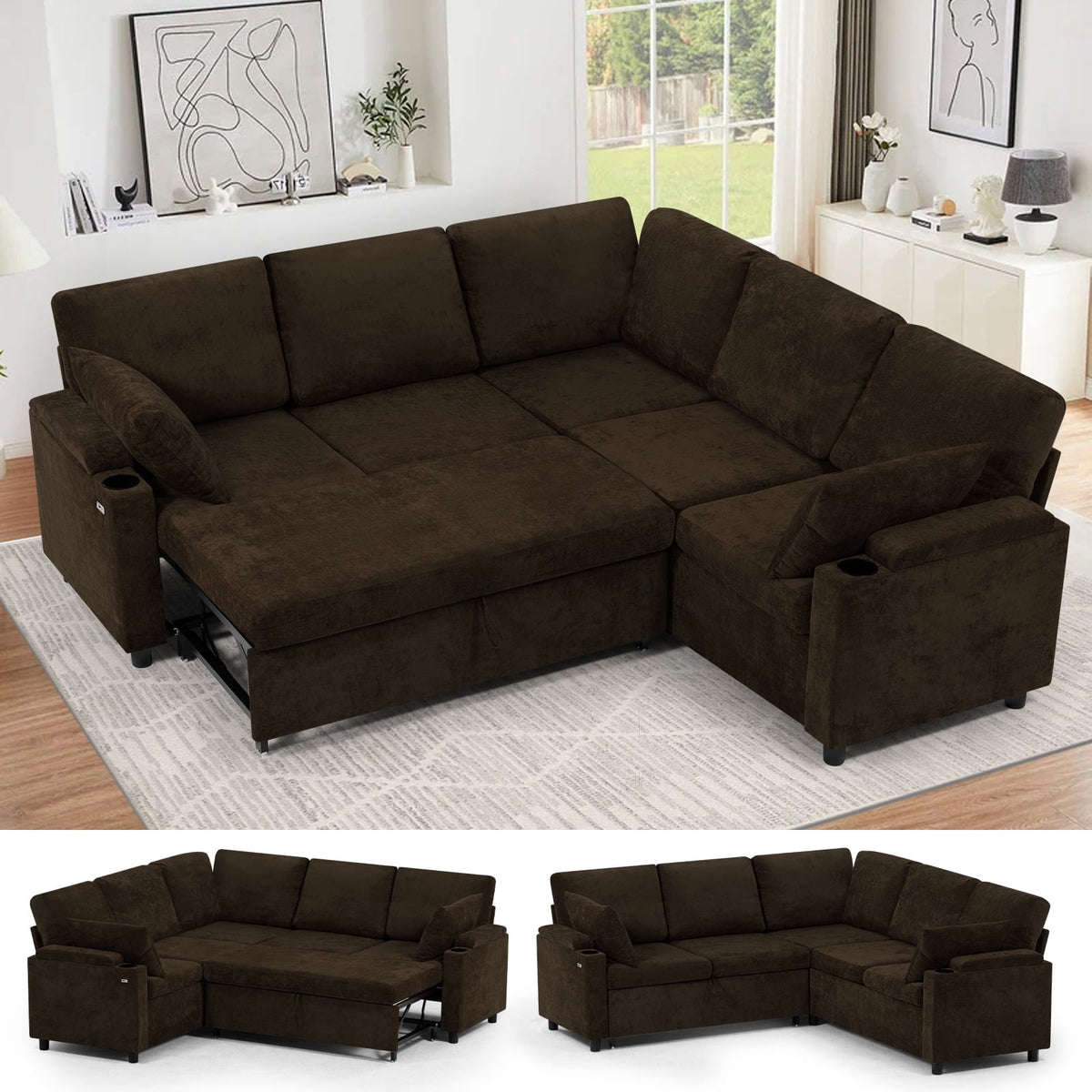 ACMEASE 85" Chenille Reversible Sectional Sofa w/Pull Out Bed, Upholstery L-Shaped Couch w/Storage Armrests & Cup Holders, Modern Corner Sofa w/USB Charging Port & Throw Pillow for Living Room, Brown