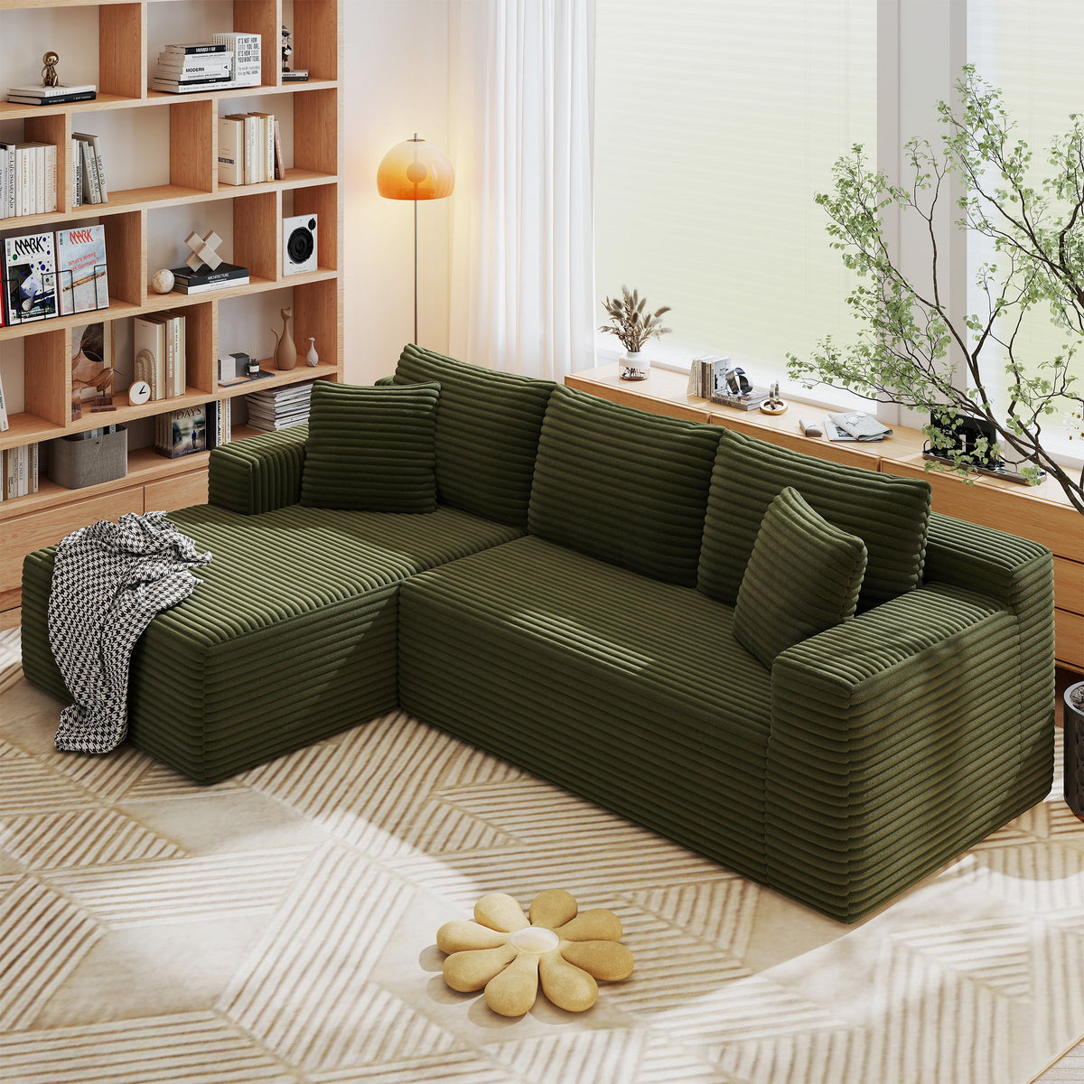 AENKYO 96" Cloud Modular Sectional Sofa with L-Shape Chaise, Deep Seat Corduroy Upholstered Couch, No Assembly Required, Green