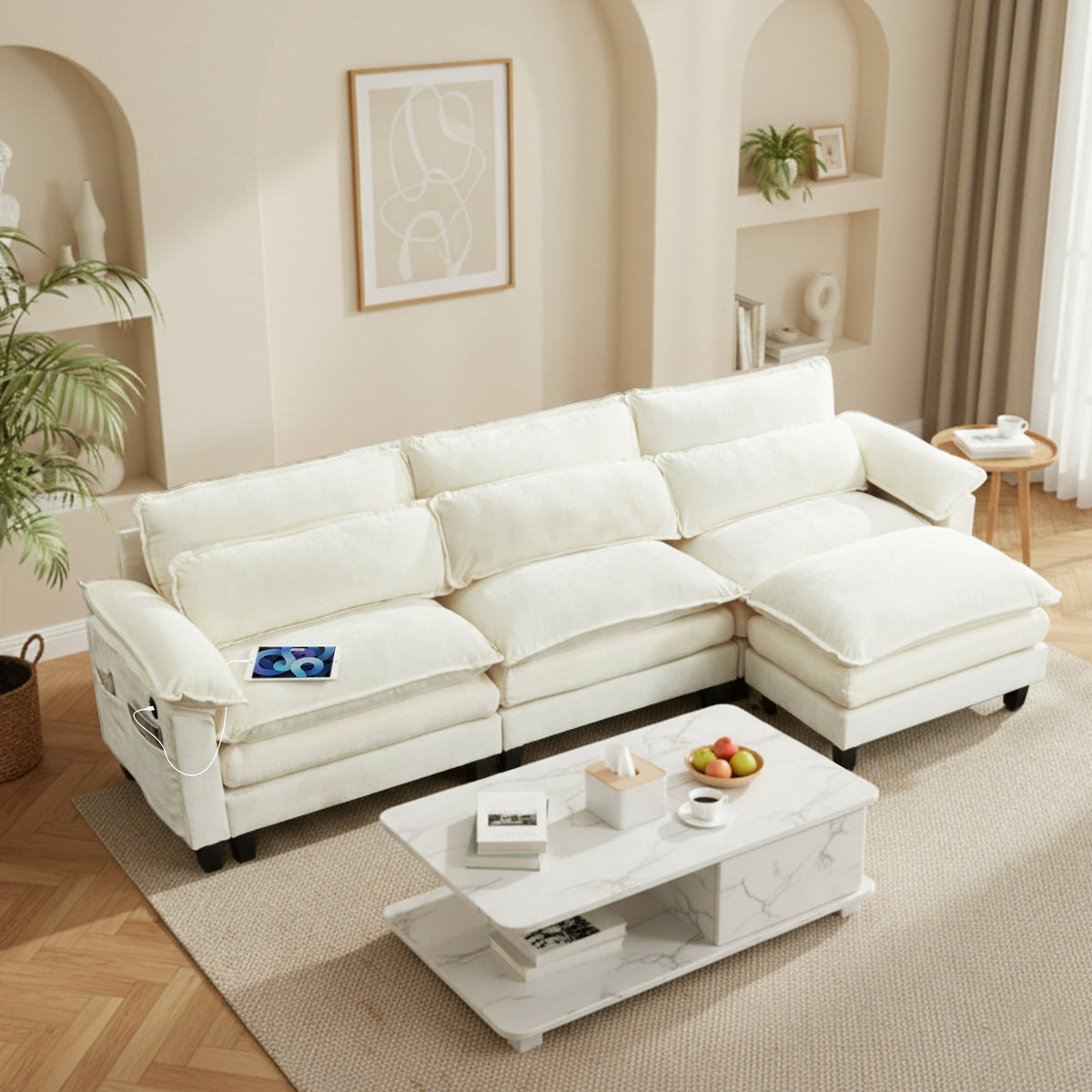 SOLIA 97" 3-Seat L-Shaped Cloud Modular Sectional Couch Linen with Movable Ottoman