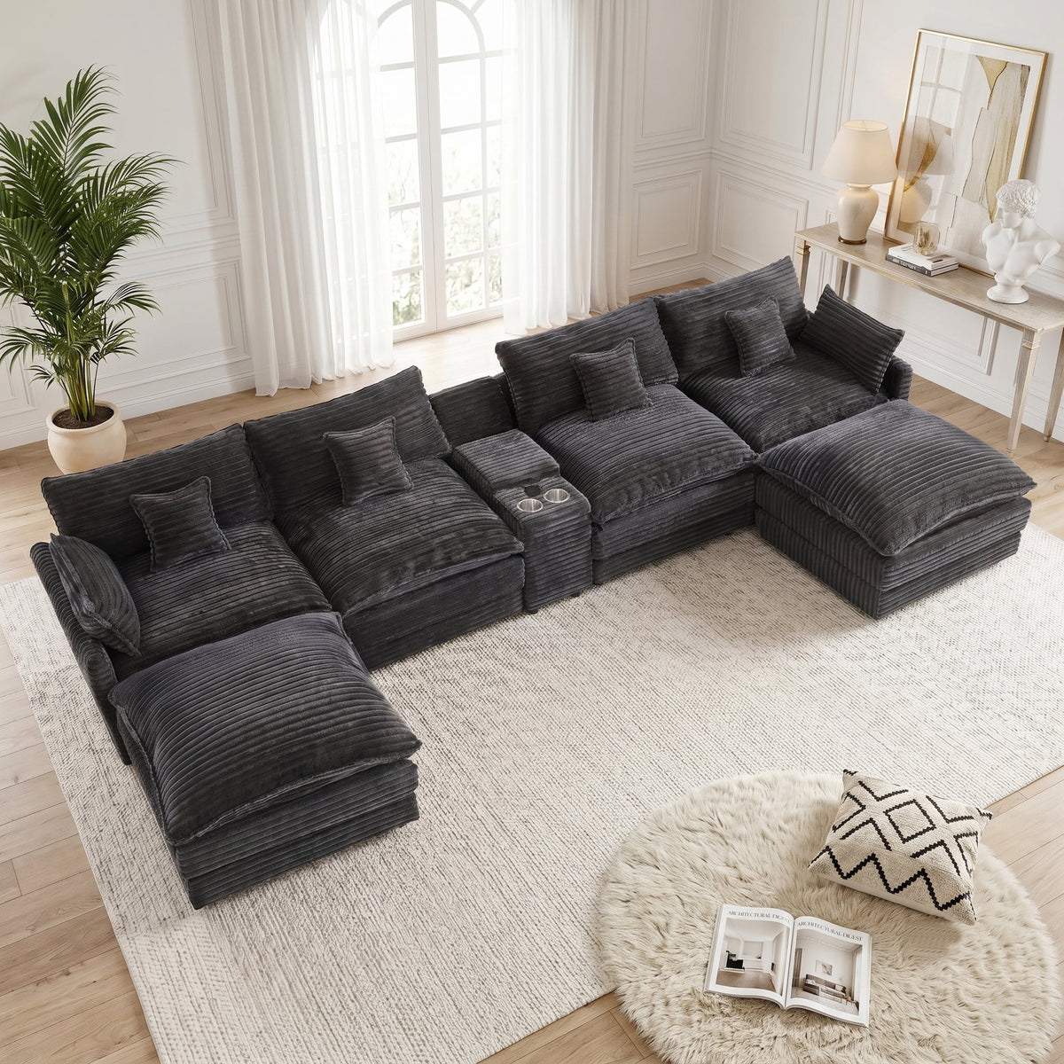ANPPORT 145" U Shaped Cloud Modular Sectional Sofa, Corduroy Deep Seat Couch with Storage Console, USB Ports & Cup Holders for Living Room, Gray