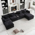 AISWORD 145" Modular U-Shaped Cloud Couch Sectional, Chenille 6-Seat Sofa with Double Chaise, Center Console, USB Charging, Hidden Storage & Cup Holders for Living Room, Black