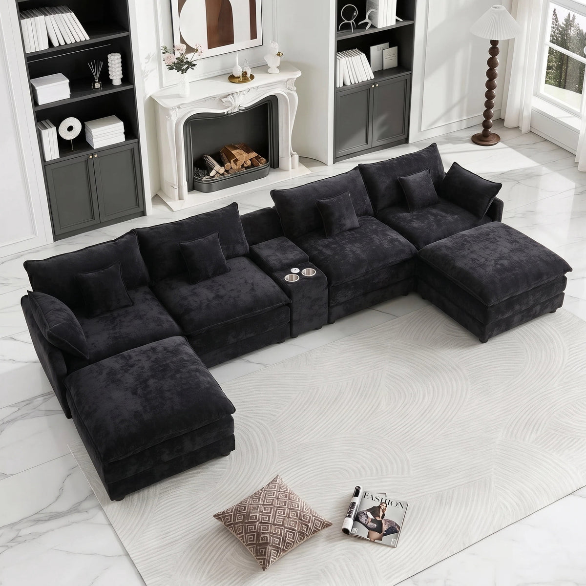 AISWORD 145" Modular U-Shaped Cloud Couch Sectional, Chenille 6-Seat Sofa with Double Chaise, Center Console, USB Charging, Hidden Storage & Cup Holders for Living Room, Black