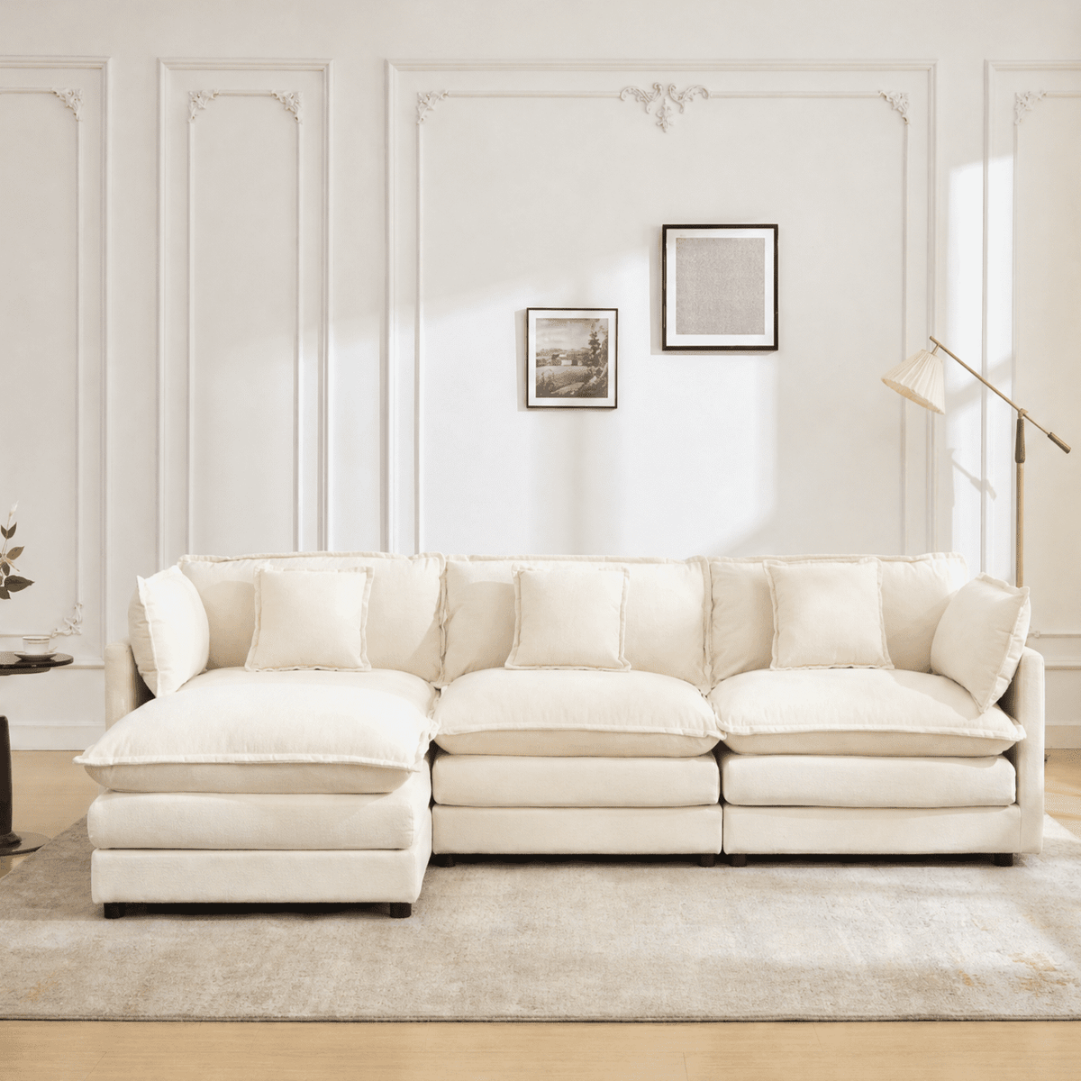 ATHOPE 112" Modular Sectional Sofa, L Shaped Cloud Couch with Movable Ottoman, Comfy Chenille Deep Seat Sofa with Throw Pillows, 3 Seat Modern Couches for Living Room Bedroom Apartment, Beige