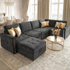 Advwin 126" U-Shaped Oversized Modular Sectional Sofa with Ottoman, Storage Under Each Seat & Gold Metal Accents, 5-Seater Modern Luxury Chenille Convertible Cloud Couch for Living Room, Dark Gray
