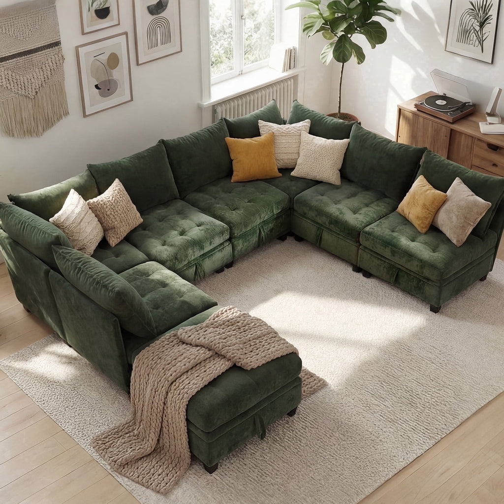 Advwin 7-Seater Oversized Modular Sectional Sofa with Ottoman & Storage Under Each Seat, Chenille Convertible Comfy Couch Sleeper with Extra Wide & Deep Seat for Living Room, Dark Green