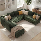 Advwin 7-Seater Oversized Modular Sectional Sofa with Ottoman & Storage Under Each Seat, Chenille Convertible Comfy Couch Sleeper with Extra Wide & Deep Seat for Living Room, Dark Green