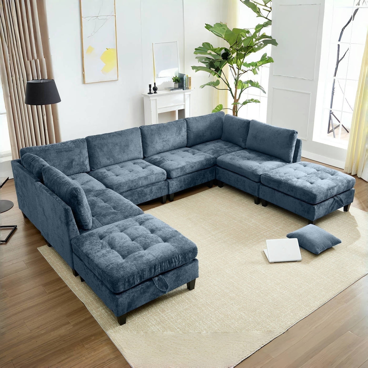 Advwin Oversized Modular Sectional Sofa, 8 Seat Plush Chenille Couch with Storage Ottomans & Thick Cushions, Modern Comfy Convertible L Shaped Sleeper Sofa Bed for Living Room, Blue