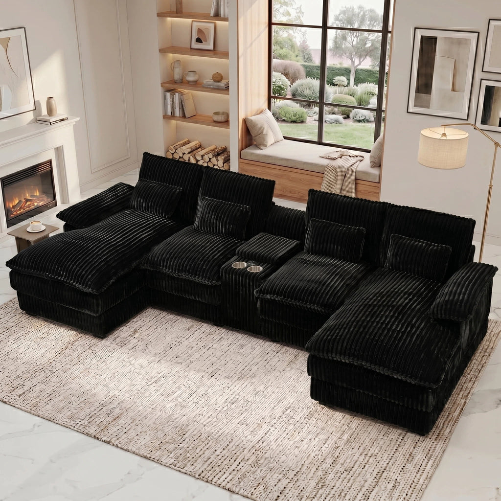 Vinform 124" U Shaped Cloud Couch Sectional with USB Charging, Hidden Storage, Cup Holders & Double Chaise, Black
