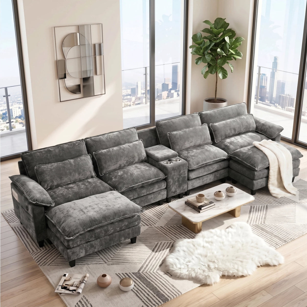UBERLYFE 157" U Shaped Cloud Modular Sectional Sofa, Double Chaise with USB Charging, Hidden Storage & Cup Holders, Living Room Furniture, Gray