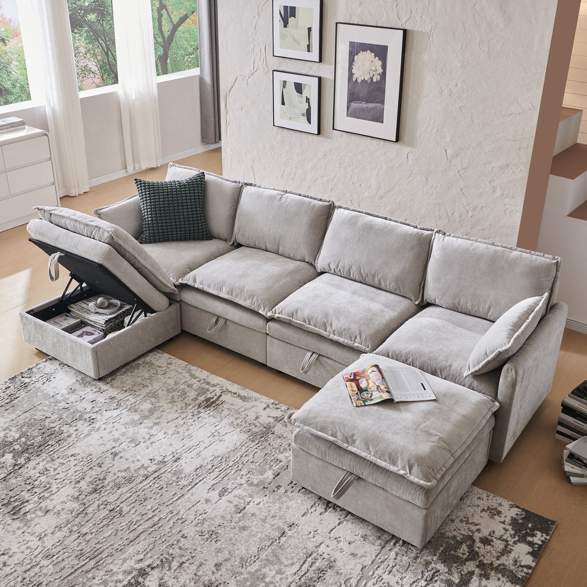 SOLIA 85.83" 4-Seat U-Shaped Cloud Modular Sectional Couch Chenille with Storage Ottoman