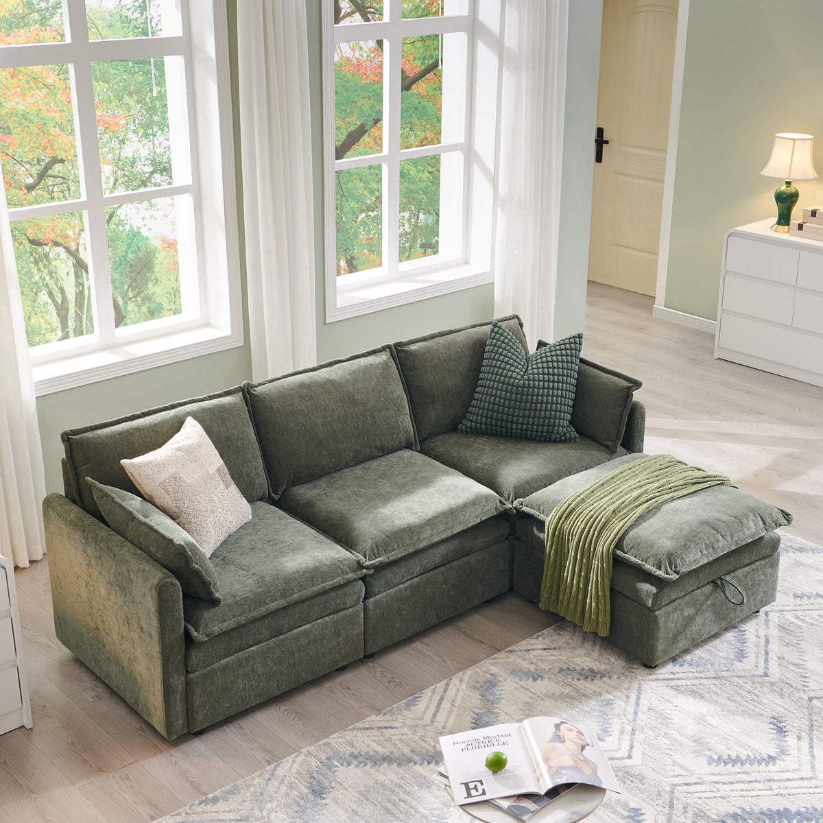 Aitjunz 85.83'' Modular Cloud Couches, Sectional Sofa for Living Room, Modern Couches and Sofas with Storage Ottoman, L-Shape 4 Seat Chenille Cloud Sofa with Pillows for Bedroom
