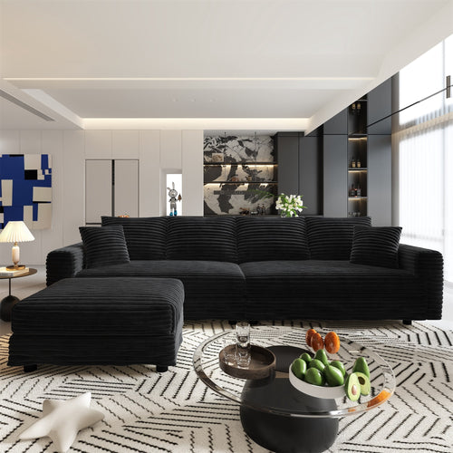 Alvantor 4-Seat Sofa with Movable Ottomans 102" W Corduroy Upholstered Deep Seat Couches L Shaped Convertible Chaise for Living Room, Apartment Black