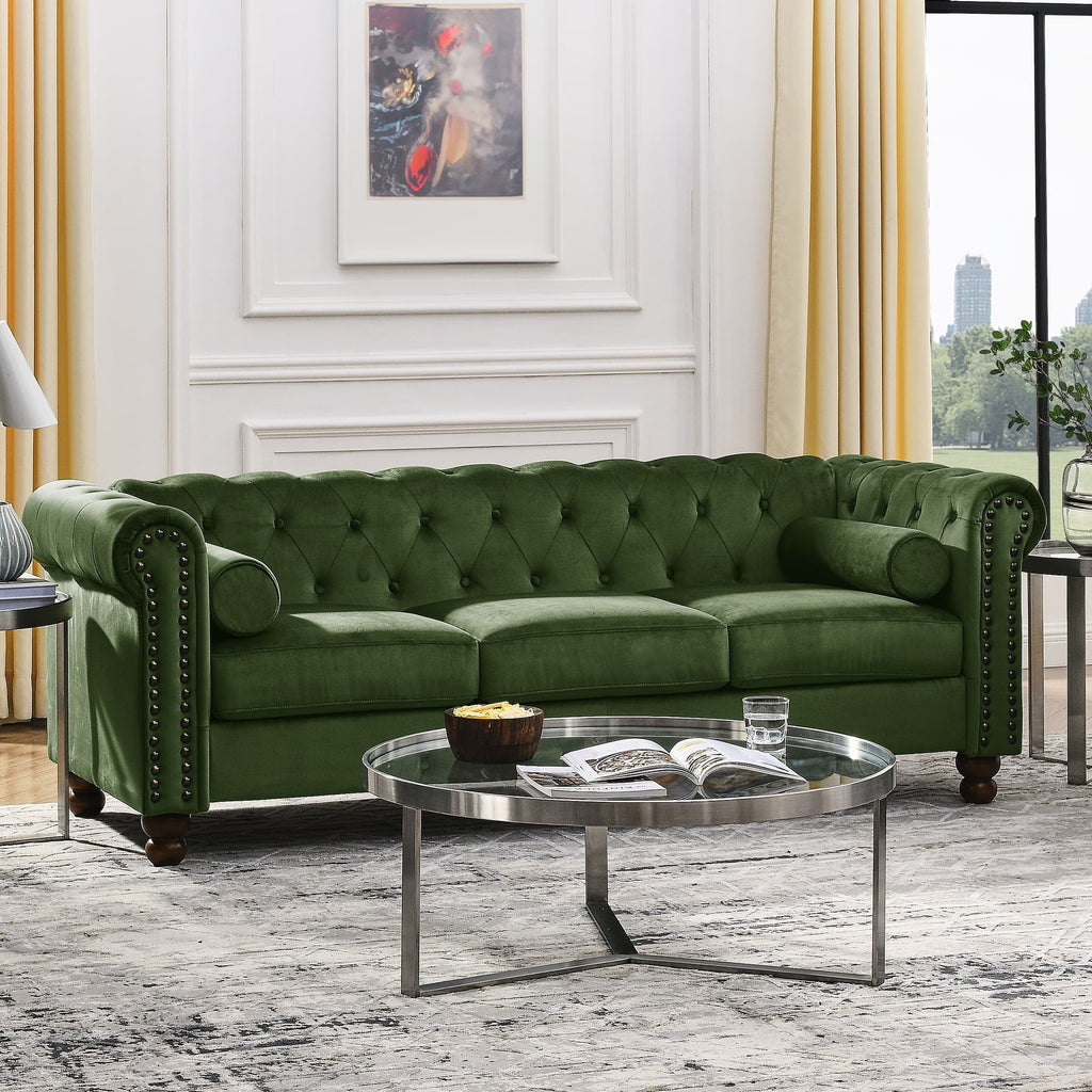 AmoDwell Tufted Velvet Sofa Couch for Living Room, Plush Rolled Arm 3-Seater Sofa Couch with Nailhead Trim and 2 Neck Roll Pillows, Small Apartment Chesterfield Sofa