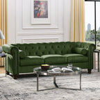 AmoDwell Tufted Velvet Sofa Couch for Living Room, Plush Rolled Arm 3-Seater Sofa Couch with Nailhead Trim and 2 Neck Roll Pillows, Small Apartment Chesterfield Sofa