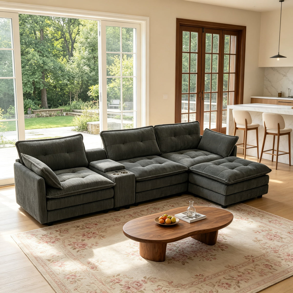 Anpport 119" L-Shaped Modular Sectional Sofa with Removable Ottoman for Living Room, Corduroy, Dark Gray
