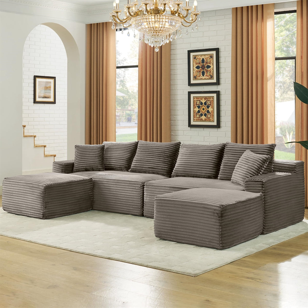 SOLIA 132" U-Shaped Cloud Modular Sectional Couch Corduroy with Double Chaise